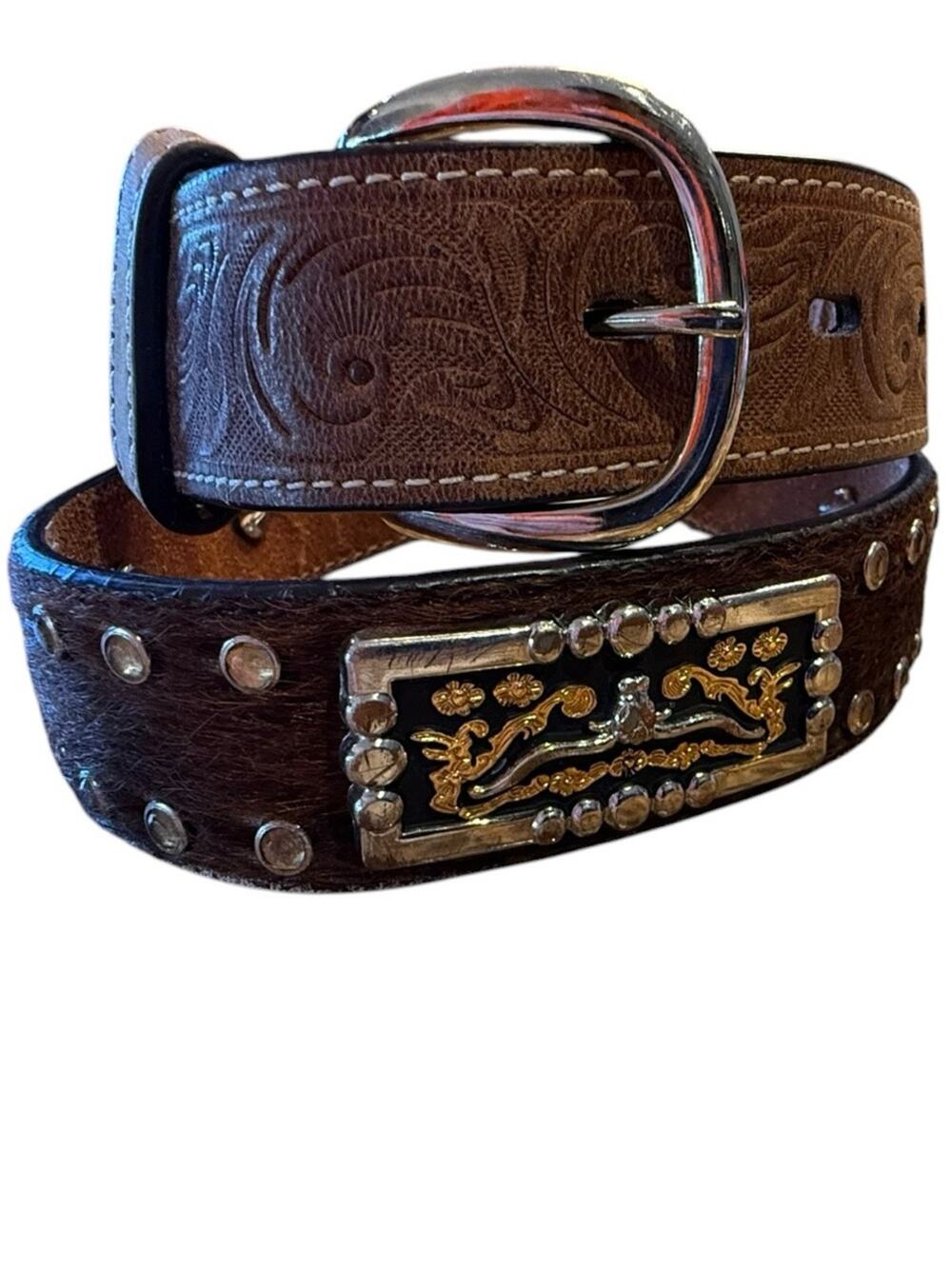 3D Youth Size 26 Western Tooled Leather & Calfhair Belt with Decorative Trim